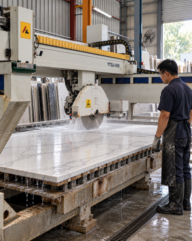 Sinno Stone craftsman cutting a quartz slab on a bridge saw in the Shah Alam workshop